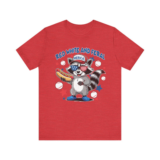 Red White and Feral Baseball 4th Tee: Unisex jersey short sleeve t-shirt, with ribbed knit collars and tapered shoulders, offering a comfortable, durable fit for casual wear.