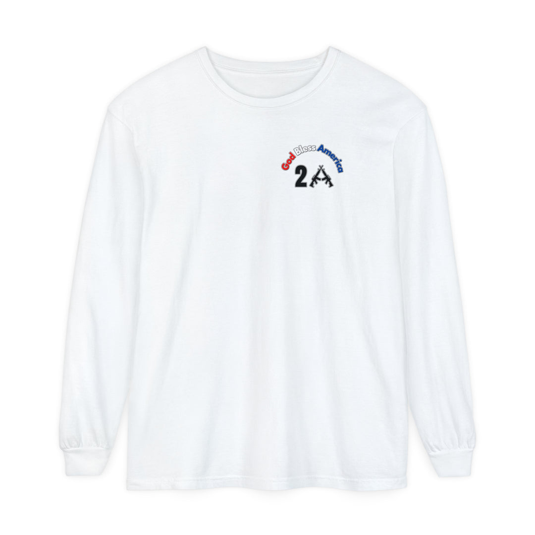 God Bless America 2A Long Sleeve Tee: White shirt with logo featuring text and guns. Made of 100% ring-spun cotton, garment-dyed fabric, and a relaxed fit for total comfort.