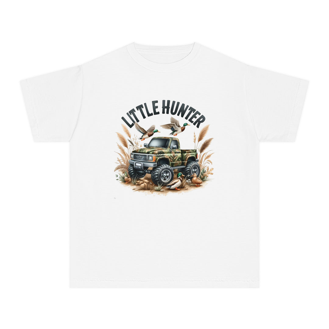 Little Hunter Kids Tee: White tee with truck & ducks print. 100% cotton, soft-washed, garment-dyed. Perfect for active kids, study or play. Classic fit for all-day comfort. Ideal for Worlds Worst Tees store.