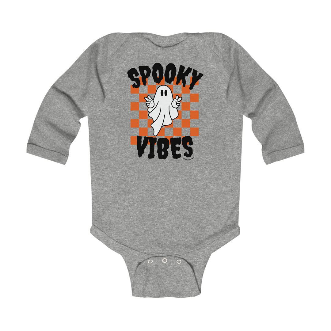 Infant long sleeve bodysuit featuring a ghost design. Soft 100% cotton fabric with plastic snaps for easy changing. Durable ribbed bindings for comfort and mobility. From Worlds Worst Tees.