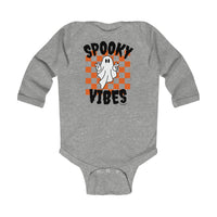 Infant long sleeve bodysuit featuring a ghost design. Soft 100% cotton fabric with plastic snaps for easy changing. Durable ribbed bindings for comfort and mobility. From Worlds Worst Tees.