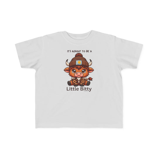 Little Bitty Toddler Tee featuring a cartoon cow in a hat on a white shirt. Soft 100% combed ringspun cotton, tear-away label, classic fit. Perfect for sensitive skin. Sizes: 2T, 3T, 4T, 5-6T.