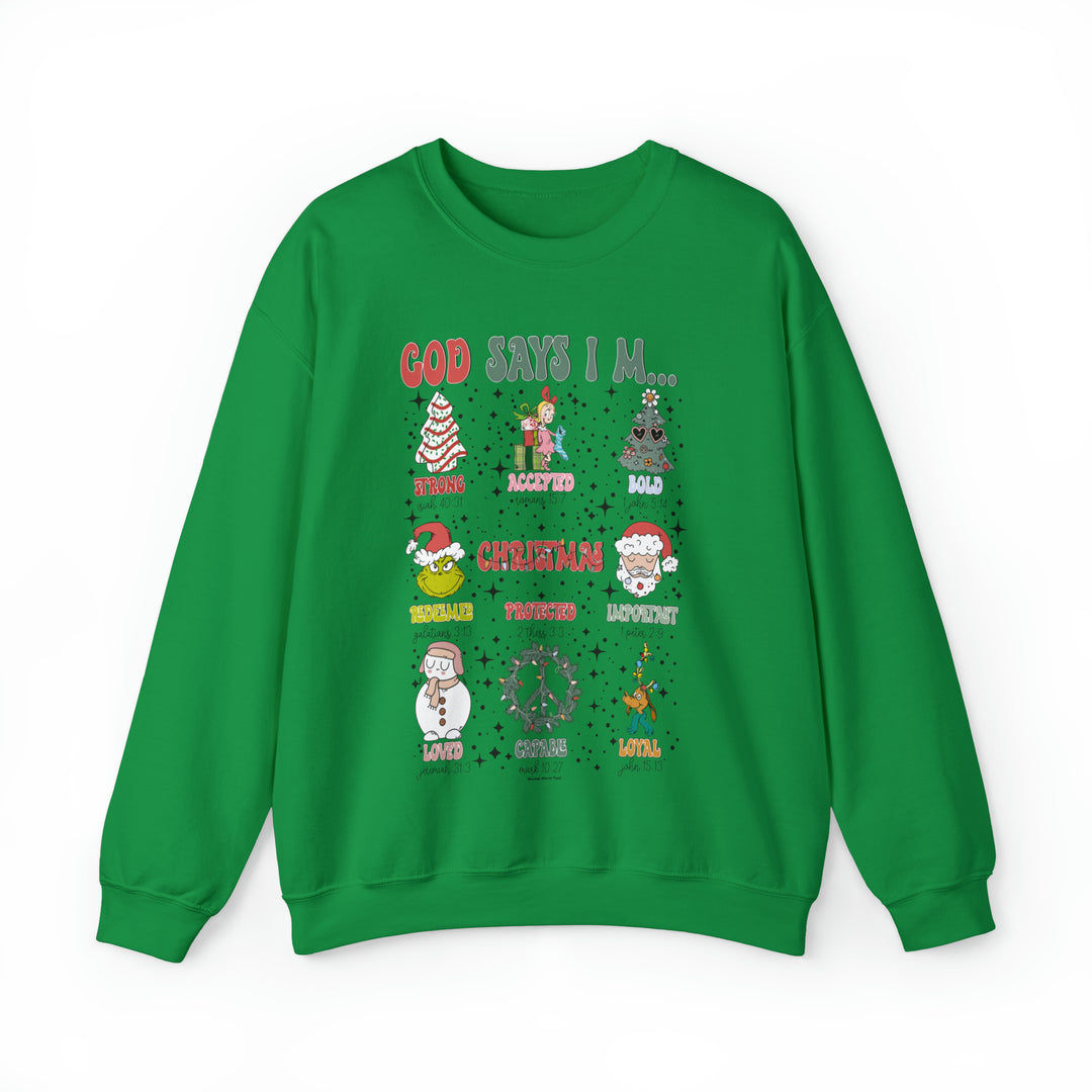 A unisex heavy blend crewneck sweatshirt featuring various Christmas symbols, a Santa Claus cartoon, and a snowman. Comfortable, loose fit with ribbed knit collar. Product title: God Says I'm Crew.