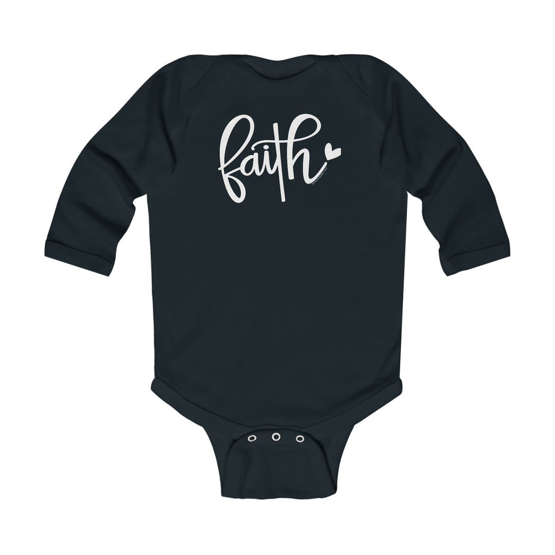 A black baby bodysuit with white text, featuring a Faith Longsleeve Onesie design. Made of 100% combed ring-spun cotton, with plastic snaps for easy changing. Soft, durable, and perfect for infants.