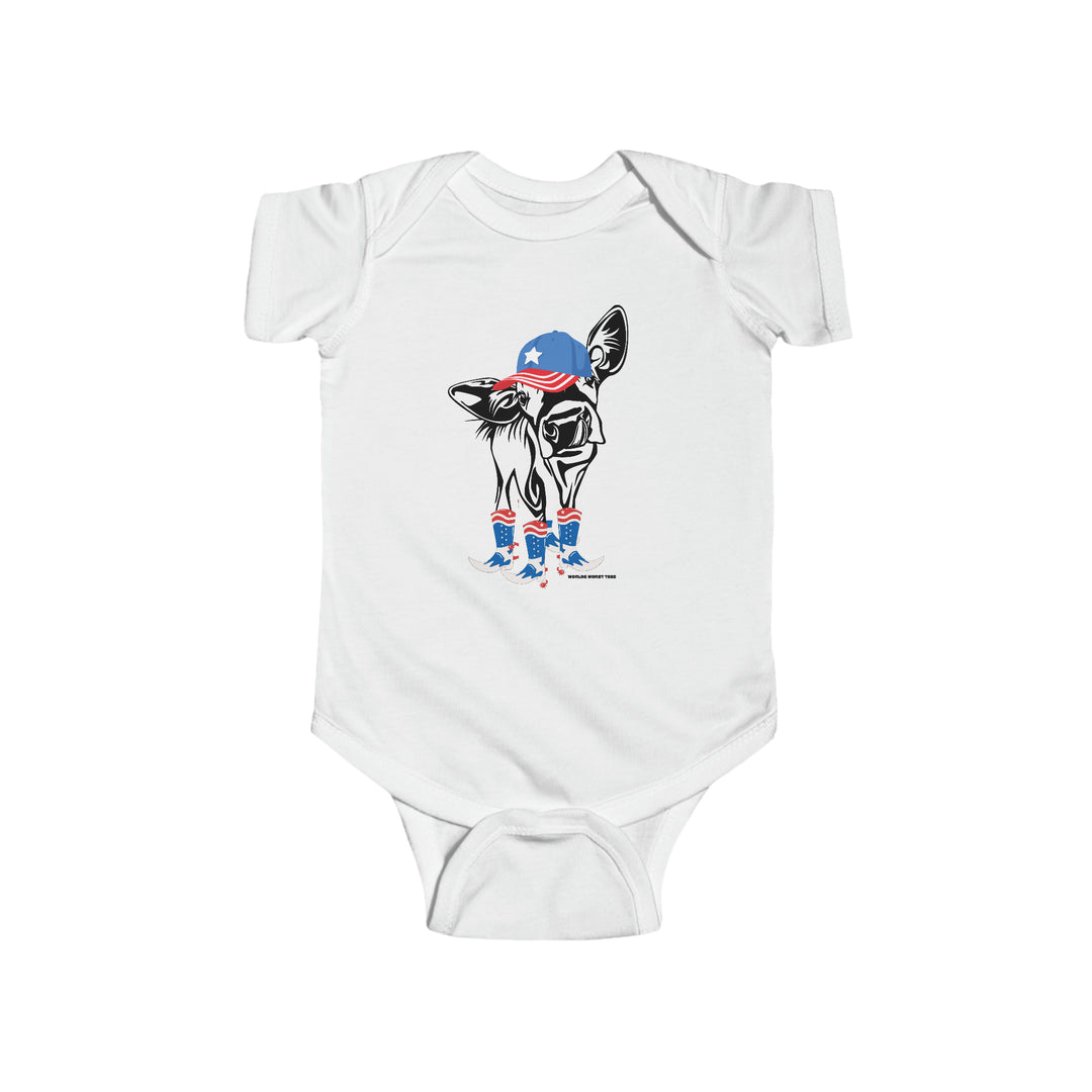 A white baby bodysuit featuring a cow in a hat and boots. Soft 100% cotton fabric with ribbed knit bindings for durability. Plastic snaps for easy changing. From Worlds Worst Tees, known for unique graphic tees.