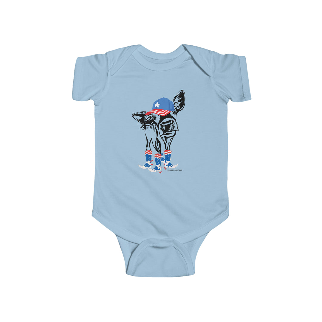Baby Cow Onesie featuring a cow with hat and boots design on 100% cotton fabric. Ribbed knit bindings, side seams, and plastic snaps for easy changing access. From Worlds Worst Tees.