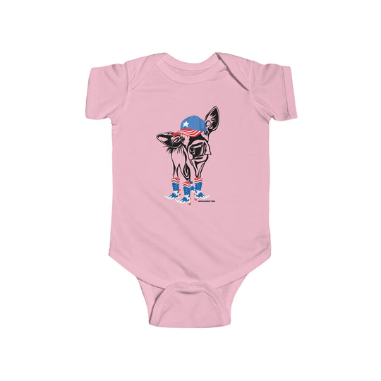 A durable and soft infant fine jersey bodysuit featuring a cow wearing a hat and boots. 100% cotton fabric, ribbed knit bindings, and plastic snaps for easy changing access. From Worlds Worst Tees.
