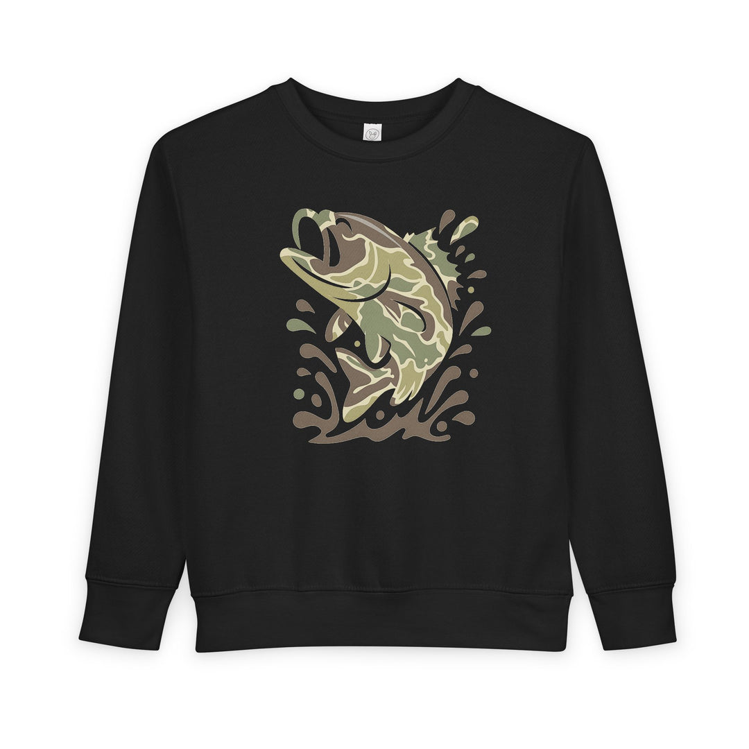 Camo Fish Toddler Crew sweatshirt with a leaping fish graphic, showcasing earth-tone swirls in water. Cozy design with ribbed collar and cuffs for durability.