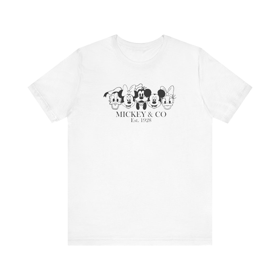 Mickey and CO Tee, a classic unisex jersey short sleeve with ribbed knit collar, soft cotton fit, ideal for casual and semi-formal occasions.