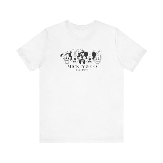 Mickey and CO Tee, a classic unisex jersey short sleeve with ribbed knit collar, soft cotton fit, ideal for casual and semi-formal occasions.