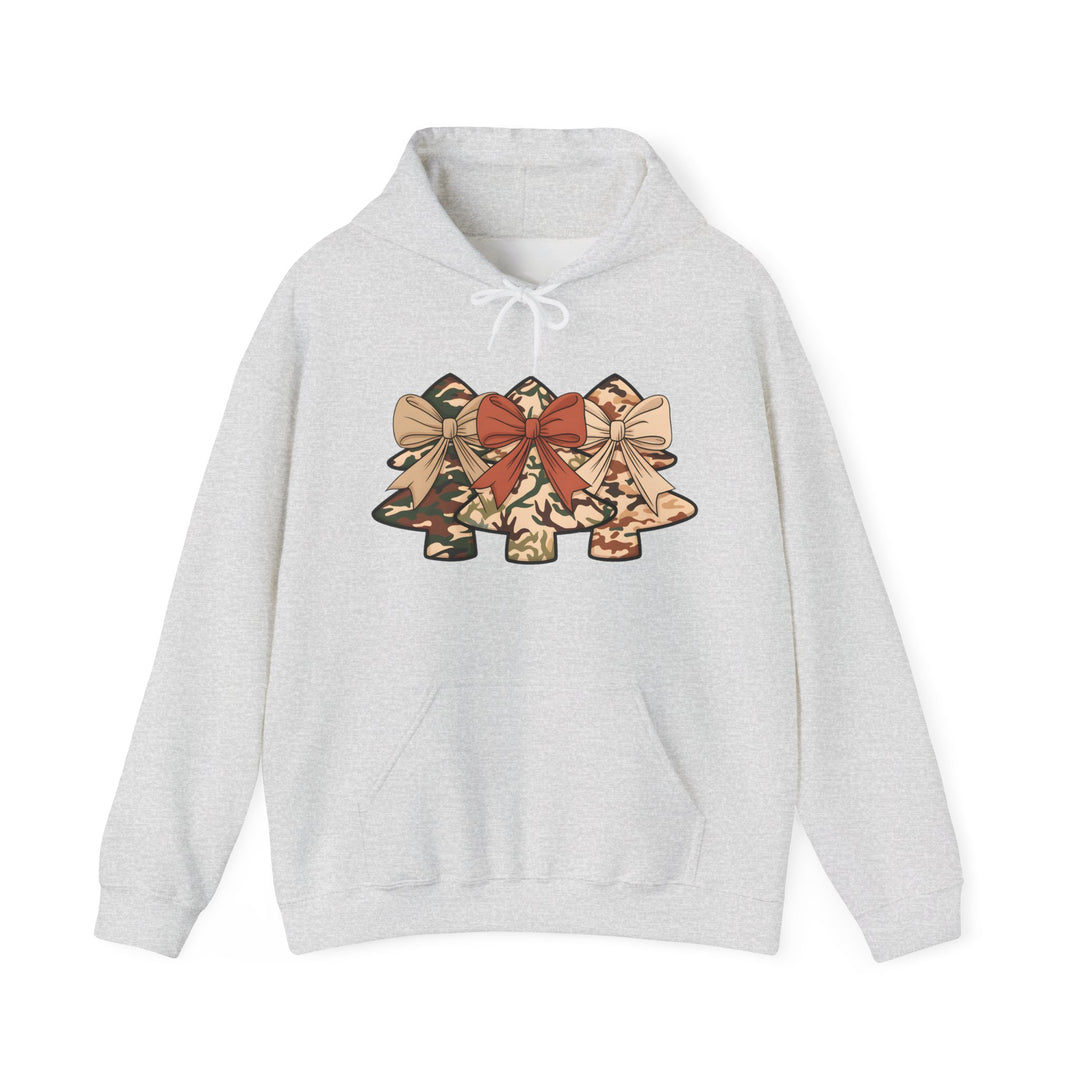 Camo Christmas Tree Hoodie featuring festive camo-patterned trees with bows, on a plush cotton-poly blend, classic fit, with kangaroo pocket and matching drawstring.