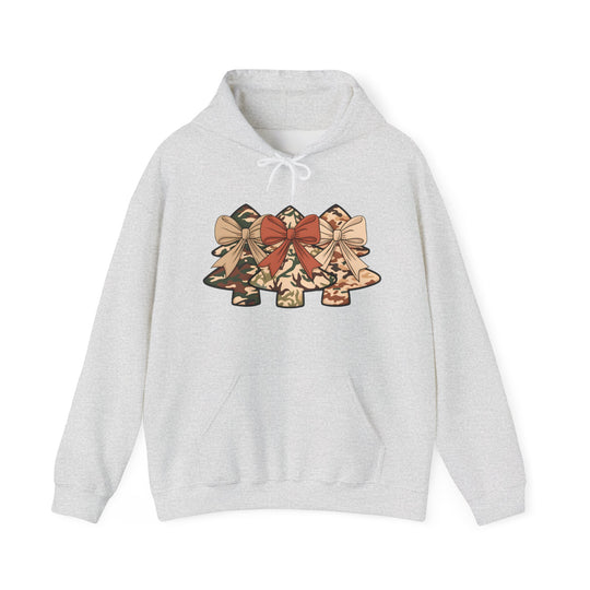 Camo Christmas Tree Hoodie featuring festive camo-patterned trees with bows, on a plush cotton-poly blend, classic fit, with kangaroo pocket and matching drawstring.