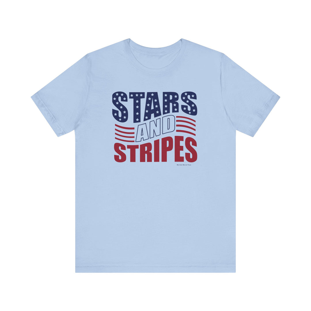 A classic Stars and Stripes Tee in blue with red and blue text, featuring a logo with stars. Made of 100% Airlume combed cotton, light fabric, and ribbed knit collars for a retail fit. Sizes XS to 3XL.