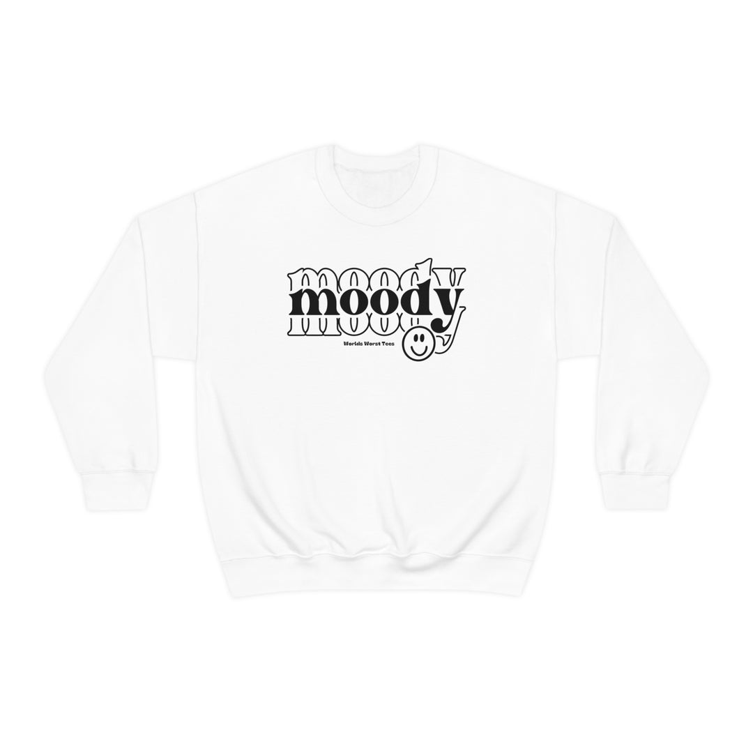 Moody Crew unisex heavy blend crewneck sweatshirt in white with black text. Ribbed knit collar, no itchy side seams. 50% cotton, 50% polyester, loose fit, medium-heavy fabric. Ideal comfort for all.