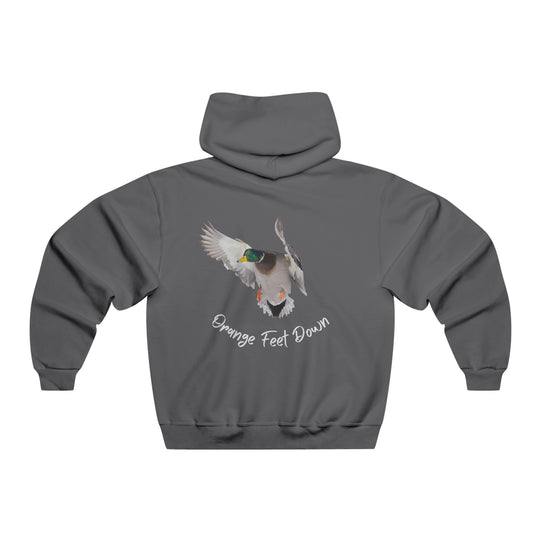 A grey hoodie featuring a duck design, a cozy JERZEES NuBlend® hooded sweatshirt 996MR. Made of 50% cotton and 50% polyester, with a front pouch pocket and high-stitch density for vibrant prints.