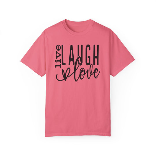 A cozy Live Laugh Love Tee in 100% ring-spun cotton, featuring a relaxed fit and durable double-needle stitching. Perfect for daily wear with a soft-washed, garment-dyed finish. Sizes range from S to 3XL.