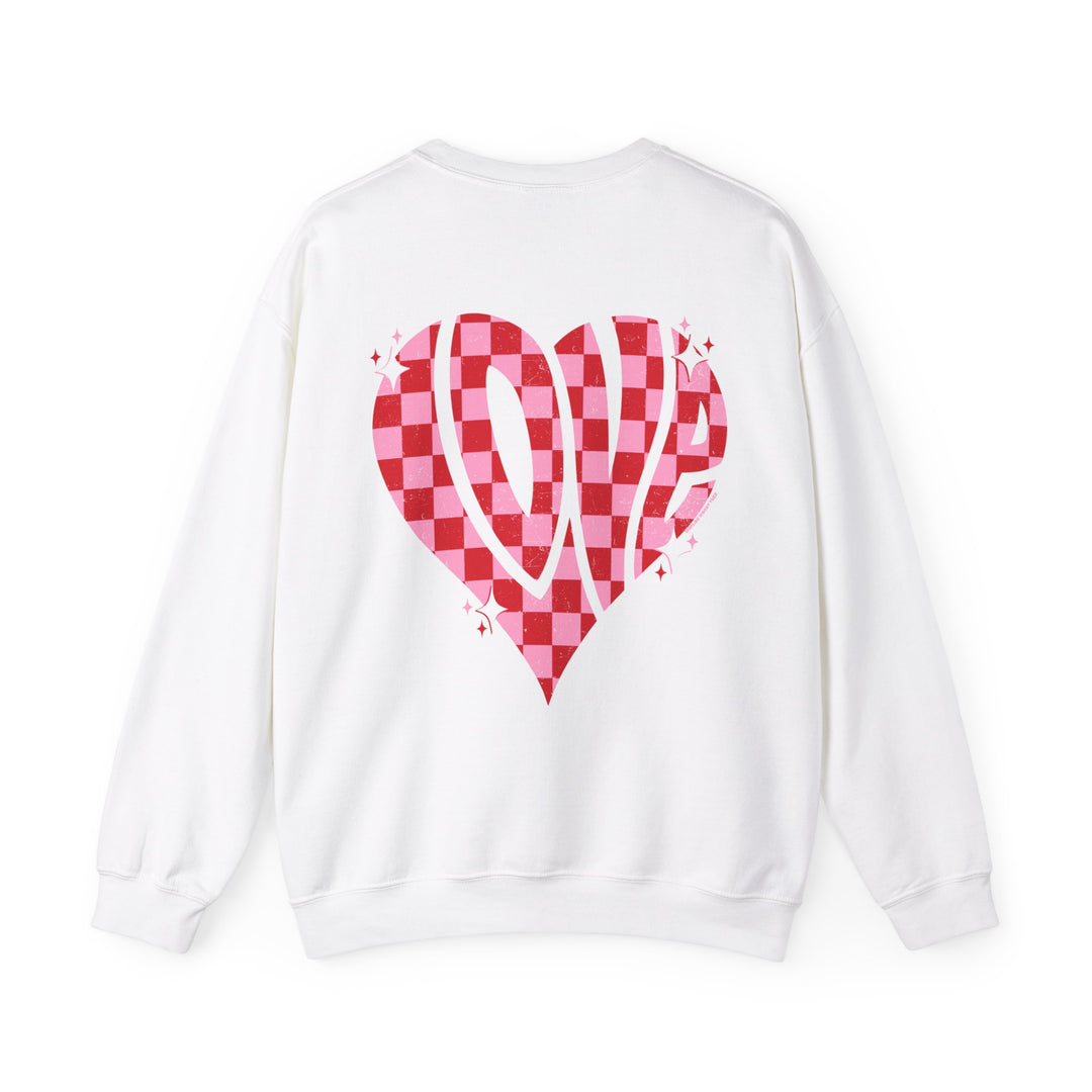 A unisex Love Crew sweatshirt with a heart design. Made of 50% cotton, 50% polyester blend, ribbed knit collar, and no itchy side seams. Medium-heavy fabric, loose fit, sewn-in label.