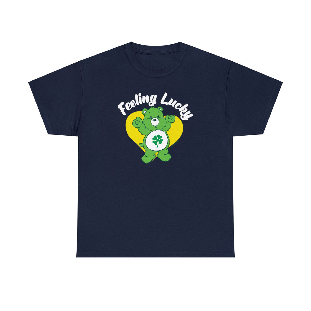 Feeling Lucky Tee: Unisex blue t-shirt with a cartoon bear and clover design. Heavy cotton fabric, no side seams, ribbed knit collar for comfort. Classic fit, runs true to size.