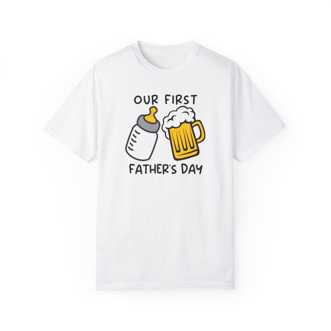 A relaxed fit Our First Father's Day Tee, crafted from 100% ring-spun cotton. Garment-dyed for extra coziness, with double-needle stitching for durability and a seamless design for a tubular shape.