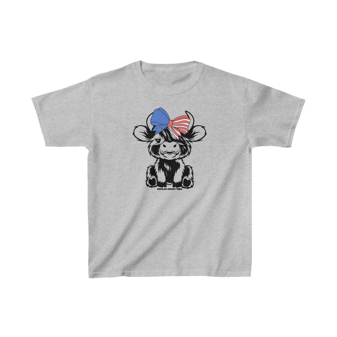 Kids' 4th of July Family Cowgirl Tee featuring a cartoon cow with a bow. 100% cotton tee, light fabric, classic fit, with twill tape shoulders and ribbed collar for durability. No side seams.