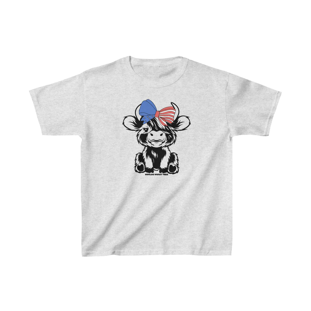 A white kids' tee featuring a cartoon cow with a bow, ideal for daily wear. Made of 100% cotton, with twill tape shoulders for durability and ribbed collar for curl resistance. Classic fit, suitable for printing.