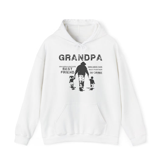 A white sweatshirt with black text featuring a man and child holding hands. Unisex Grandpa and Grandkids Hoodie in cotton-polyester blend, kangaroo pocket, and drawstring hood. Classic fit, tear-away label, medium-heavy fabric.