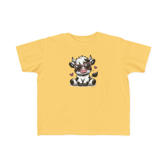 A Cute Cow Toddler Tee featuring a cartoon cow in sunglasses on a yellow shirt. Made of soft 100% combed ringspun cotton, light fabric, classic fit, perfect for sensitive skin. Sizes: 2T, 3T, 4T, 5-6T.