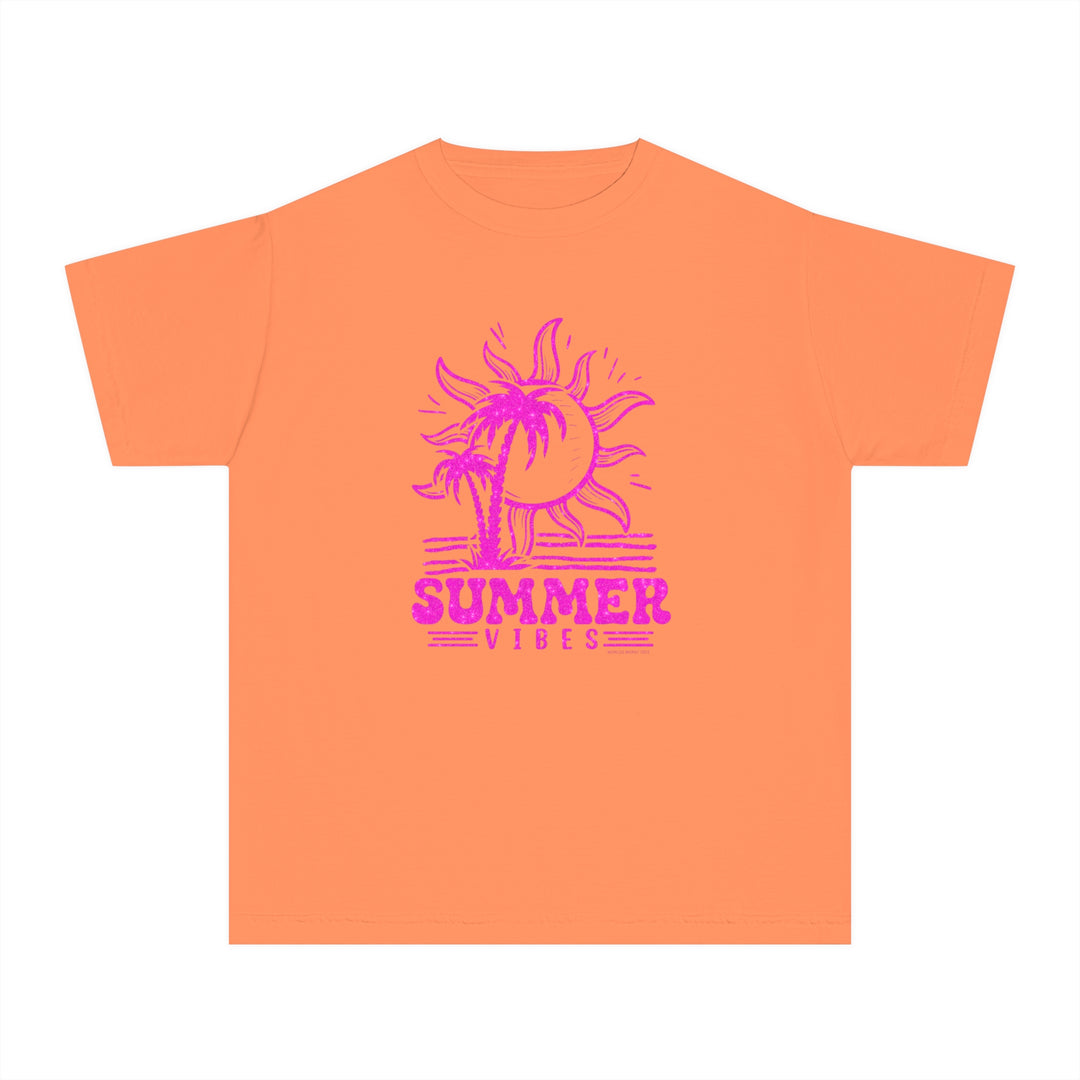 Summer Vibes Kids Tee: A t-shirt featuring a graphic of a sun and palm trees, designed for active kids. Made of soft-washed, 100% combed ringspun cotton for comfort and agility. Classic fit for all-day wear.
