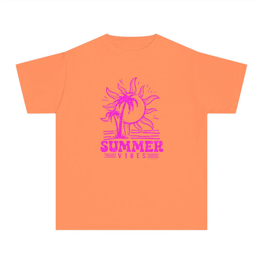 Summer Vibes Kids Tee: A t-shirt featuring a graphic of a sun and palm trees, designed for active kids. Made of soft-washed, 100% combed ringspun cotton for comfort and agility. Classic fit for all-day wear.