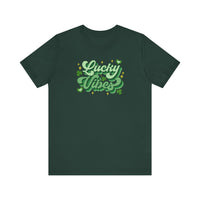 Good Day Lucky Day Tee: Green t-shirt featuring shamrocks and stars, crafted from soft cotton for a comfortable, classic fit.