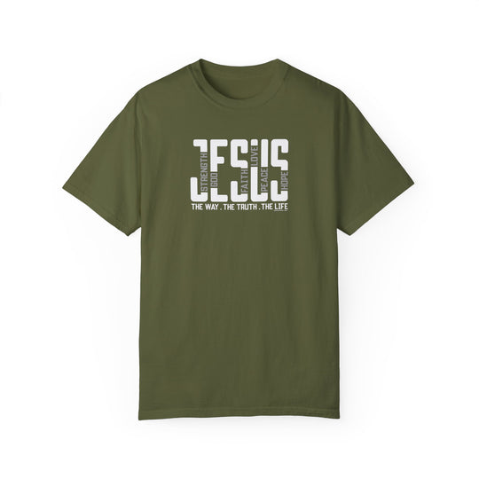 A Jesus Tee in green with white text, made of 100% ring-spun cotton. Garment-dyed for extra coziness, featuring a relaxed fit, double-needle stitching, and no side-seams for durability and shape retention.