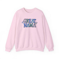 A unisex heavy blend crewneck sweatshirt, the Great Nama Crew, offers comfort with ribbed knit collar, no itchy side seams, and medium-heavy fabric. Ideal for all, with a loose fit and true-to-size.