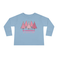 Toddler long-sleeve tee with pink trees and text, featuring ribbed collar and EasyTear™ label for comfort and durability. Made from 100% combed ringspun cotton. From 'Worlds Worst Tees'.