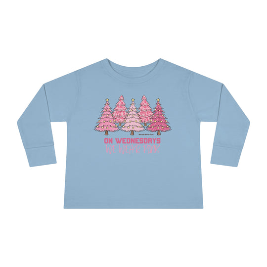 Toddler long-sleeve tee with pink trees and text, featuring ribbed collar and EasyTear™ label for comfort and durability. Made from 100% combed ringspun cotton. From 'Worlds Worst Tees'.
