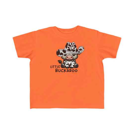 A Buckaroo Toddler Tee featuring a cartoon cow in a cowboy hat, perfect for sensitive skin. 100% combed ringspun cotton, light fabric, tear-away label, classic fit. Sizes: 2T, 3T, 4T, 5-6T.