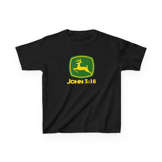 John 3:16 Kids Tee featuring a green-and-yellow leaping deer silhouette in a style reminiscent of the John Deere logo on a black T-shirt.