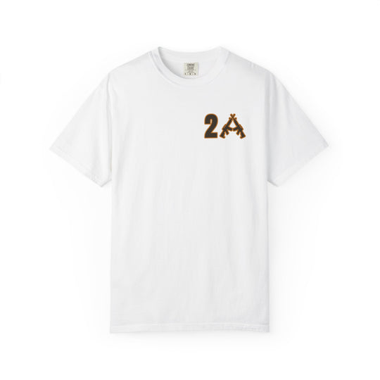Comfort Colors 2A Tee: White crew-neck T-shirt with 2A graphic, featuring crossed rifle silhouettes, ideal for casual wear with its relaxed fit and durable stitching.
