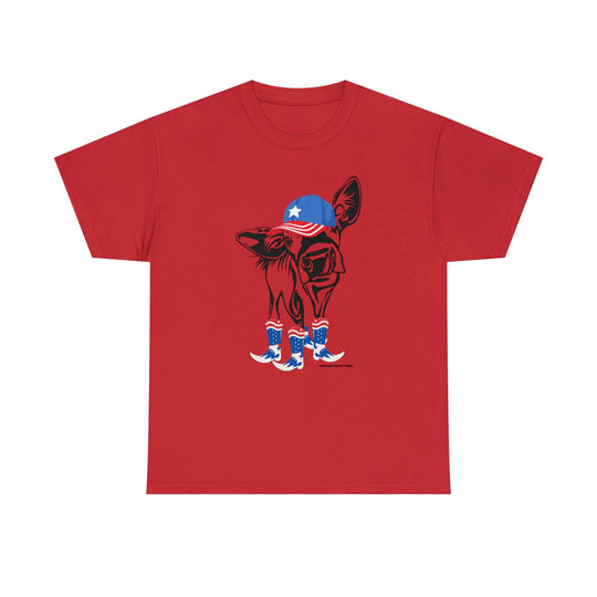Unisex red t-shirt featuring a cow in a hat and boots, perfect for casual wear. Classic fit with ribbed knit collar for comfort. Ideal for 4th of July Family Rodeo.