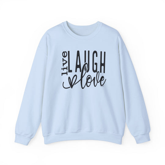 A unisex heavy blend crewneck sweatshirt, Live Laugh Love Crew, offers comfort with ribbed knit collar, no itchy side seams. Made of 50% Cotton 50% Polyester, loose fit, medium-heavy fabric. Ideal for any situation.
