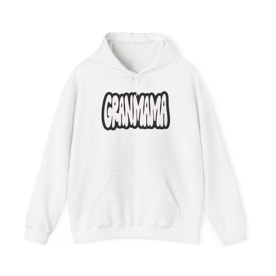 Granmama Hoodie: A white unisex heavy blend hooded sweatshirt with black text. Features kangaroo pocket, drawstring hood, 50% cotton, 50% polyester, medium-heavy fabric, tear-away label, classic fit.