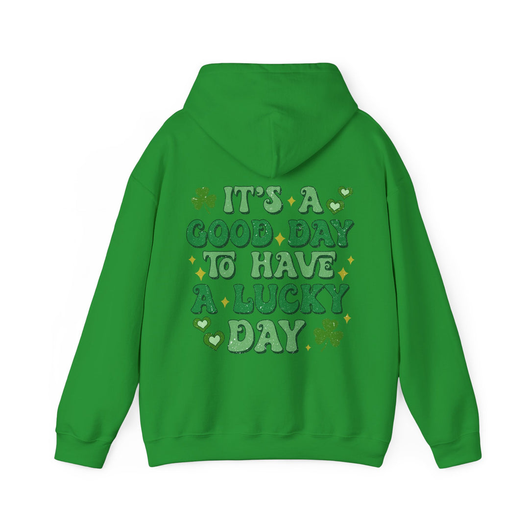 Good Day Lucky Day Hoodie featuring bold text, unisex design, and a kangaroo pocket, perfect for cozy, stylish wear.