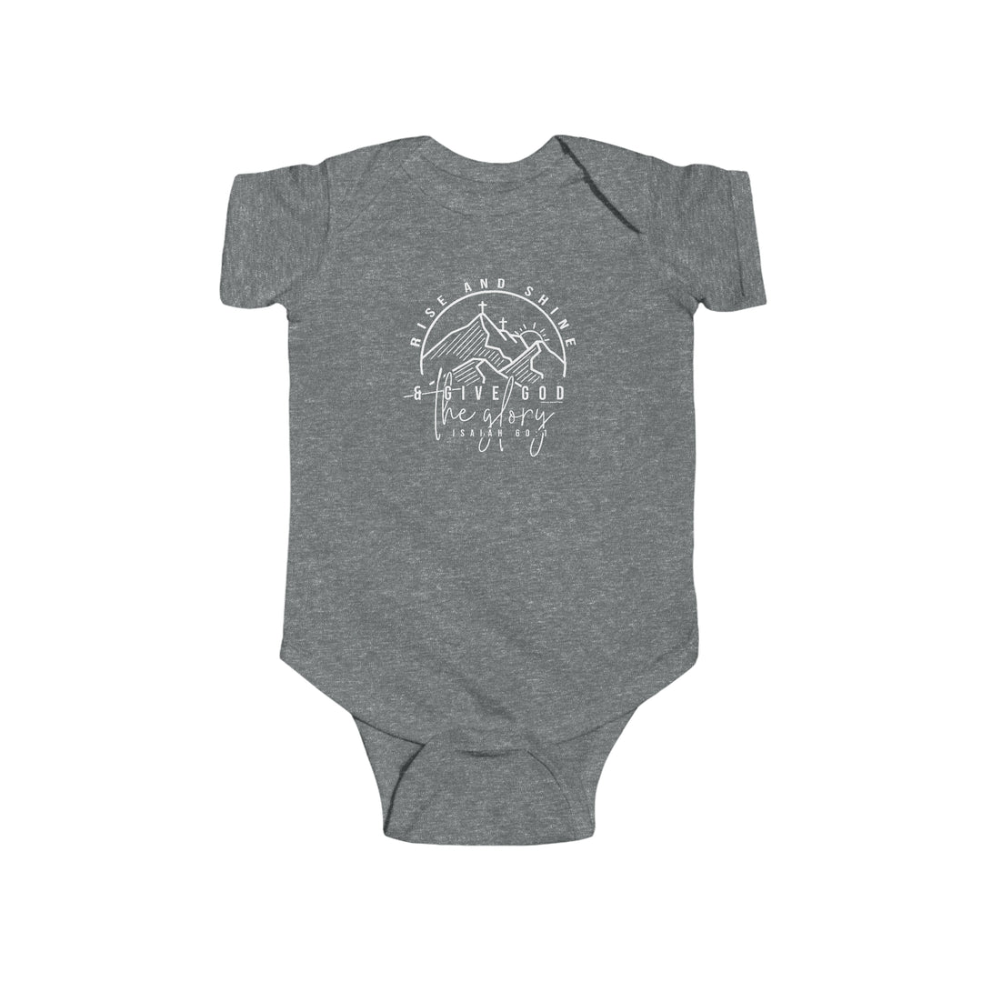 Infant fine jersey bodysuit, Rise and Shine Onesie by Worlds Worst Tees. Grey with white design, cross, mountains. 100% cotton, ribbed knitting, plastic snaps for easy changing. Durable, soft, light fabric.