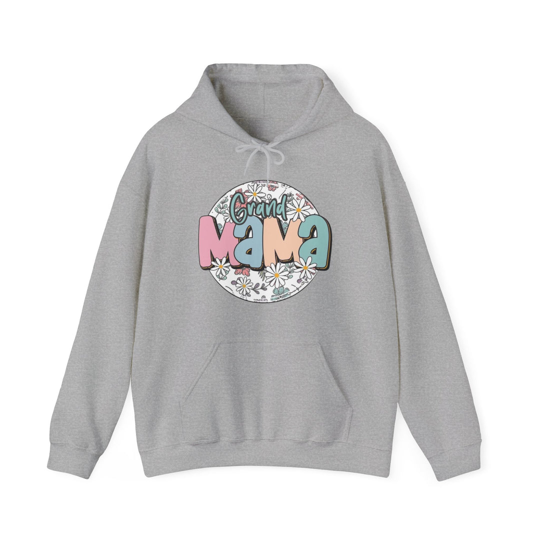 A grey hooded sweatshirt with a logo, a cozy unisex heavy blend of cotton and polyester, featuring a kangaroo pocket and matching drawstring for style. Sassy Grand Mama Flower Hoodie by Worlds Worst Tees.