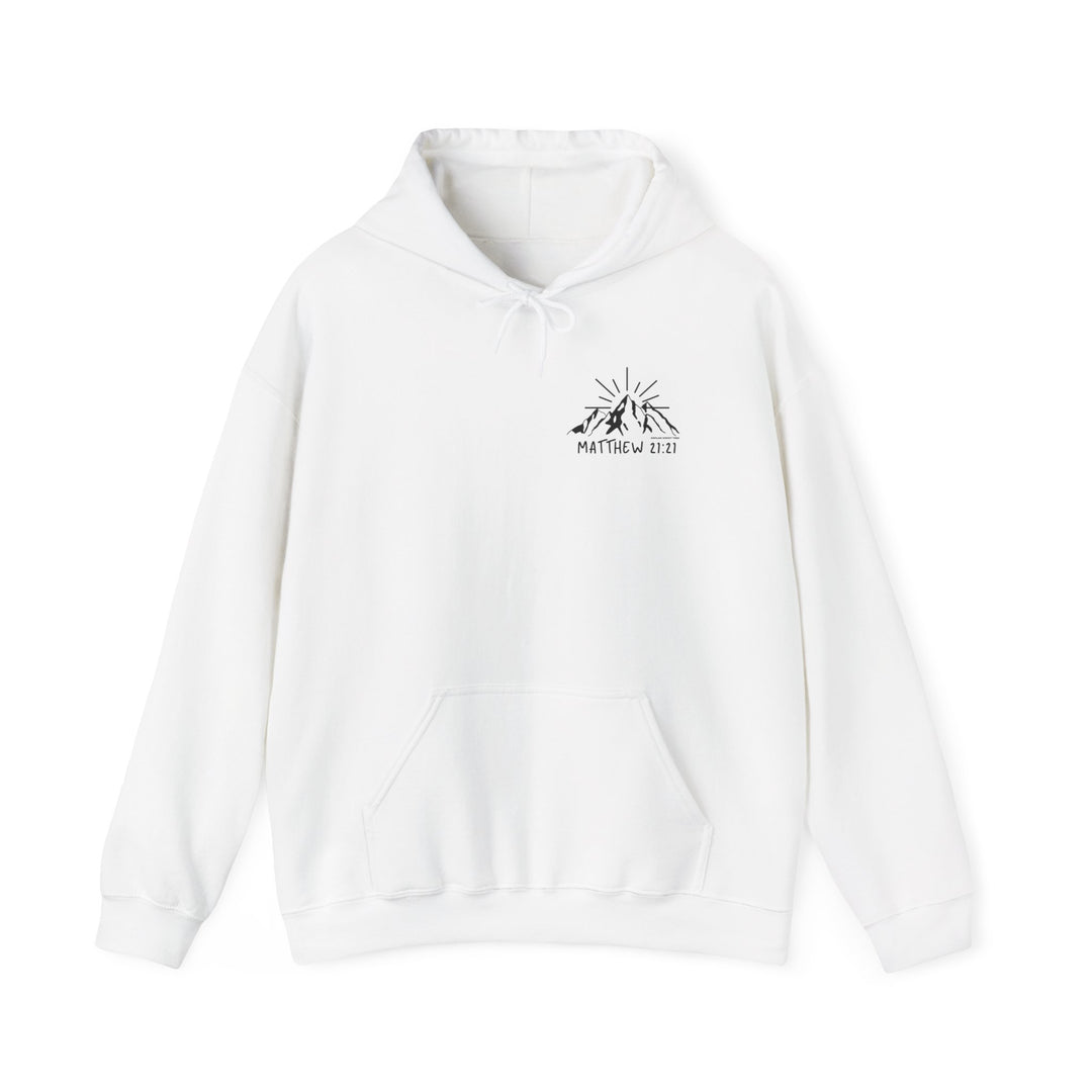 A white Faith Can Move Mountains Hoodie, featuring a logo, kangaroo pocket, and drawstring hood. Unisex, cotton-polyester blend, plush and warm. Sizes S-5XL. From Worlds Worst Tees.