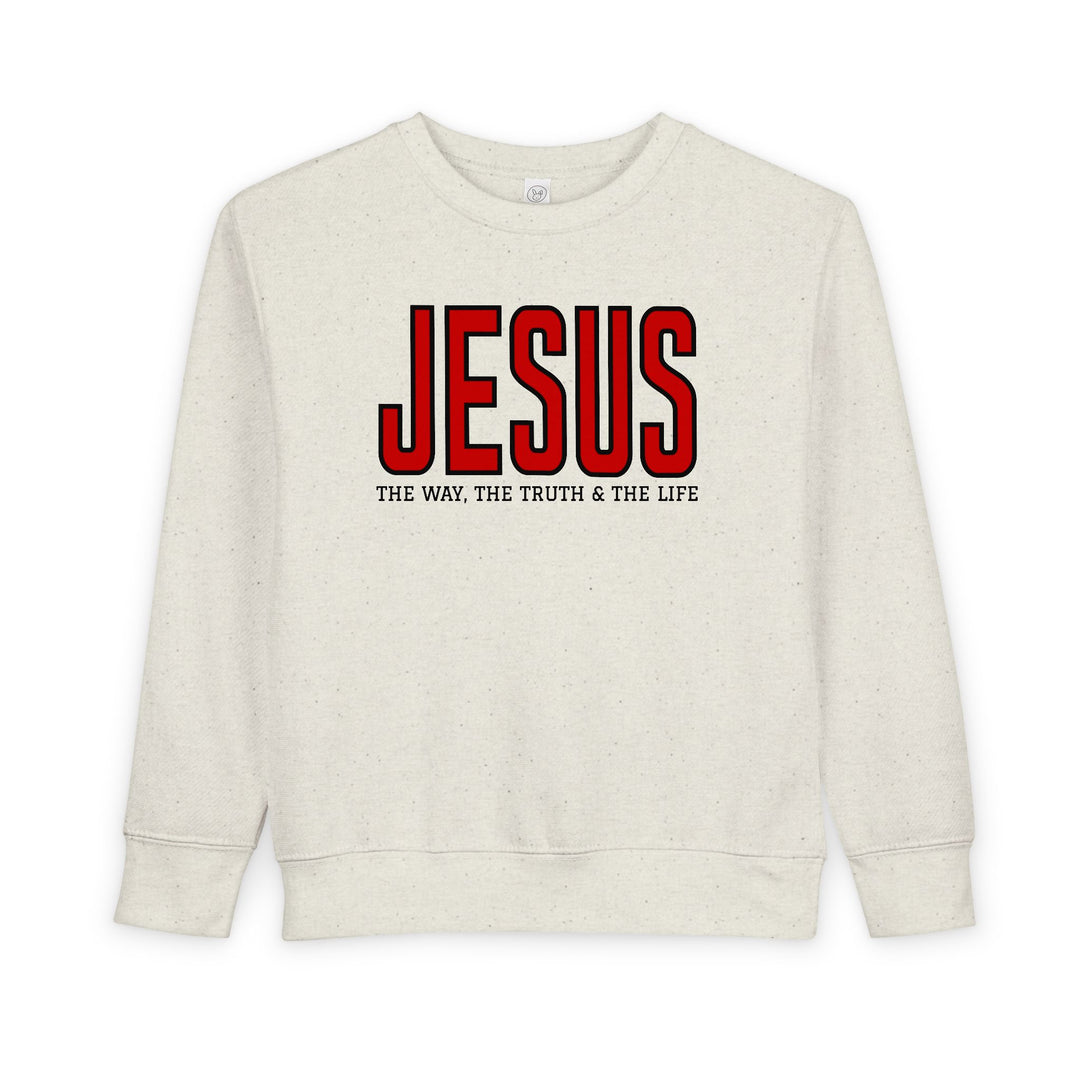 Light-heathered toddler sweatshirt with JESUS in red and THE WAY, THE TRUTH & THE LIFE in black, offering warmth and comfort.