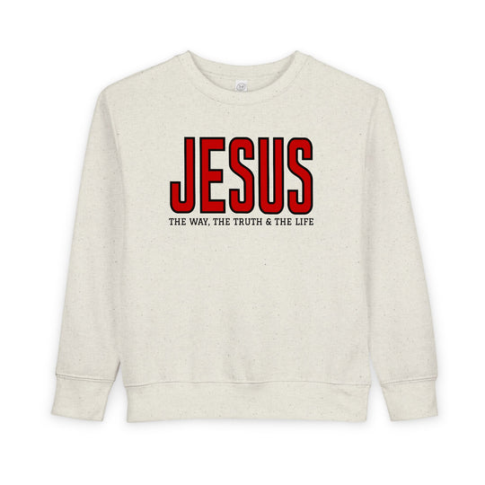 Light-heathered toddler sweatshirt with JESUS in red and THE WAY, THE TRUTH & THE LIFE in black, offering warmth and comfort.