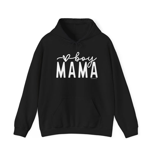 A black unisex Boy Mama Hoodie with white text, featuring a kangaroo pocket and drawstring hood. Made of 50% cotton and 50% polyester, offering warmth and comfort. Perfect for cold days.