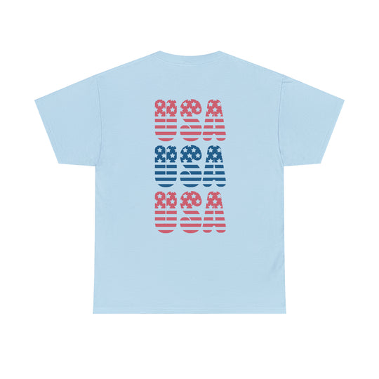 Unisex USA USA USA Tee, featuring a back view of a blue shirt with red and white stripes, a logo with stars, and text. Classic fit, 100% cotton, medium weight fabric. Sizes S-5XL.