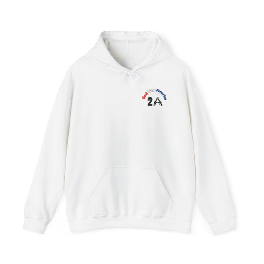 A white God Bless America 2A hoodie with a logo of text and guns. Unisex heavy blend hooded sweatshirt in cotton and polyester, featuring kangaroo pocket and drawstring hood. Classic fit, tear-away label, true to size.