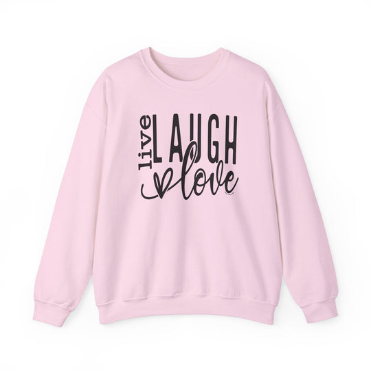 Unisex Live Laugh Love Crew sweatshirt, a blend of comfort and style. Ribbed knit collar, no itchy seams. 50% Cotton 50% Polyester, medium-heavy fabric, loose fit, sewn-in label. Sizes S-5XL.